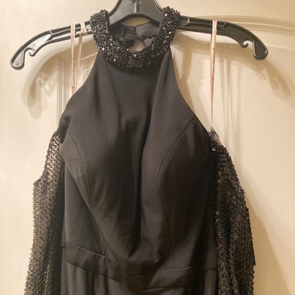 Faviana Glamour black embellished cold shoulder gown